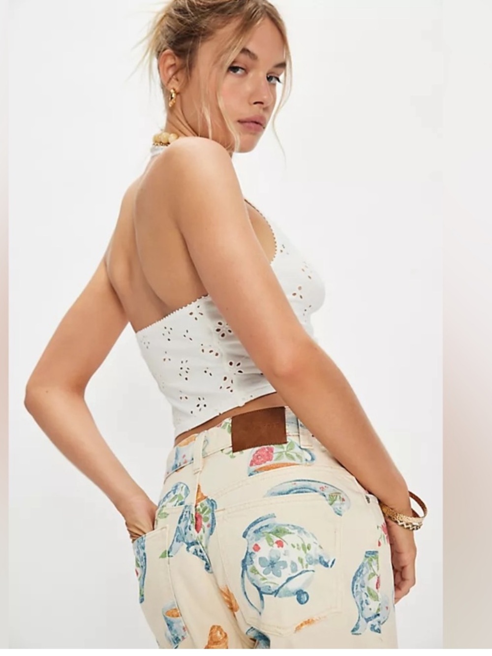 Wide-Leg Tea Party Print Jeans — Cream - Picture 4 of 13